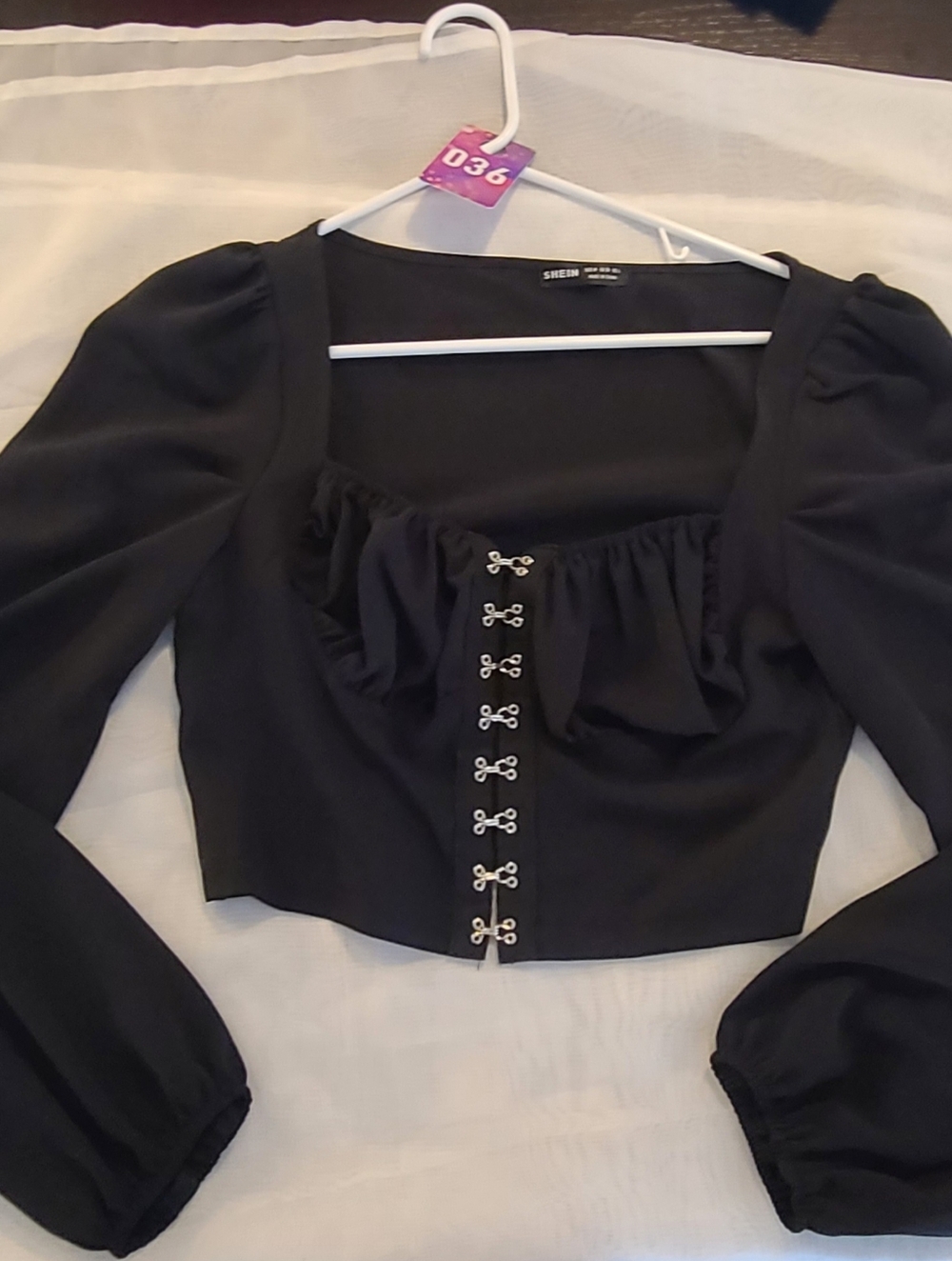 #36 Shein Black Peasant  Sweetheart Long Sleeve Black Top, Med - Picture 7 of 11
